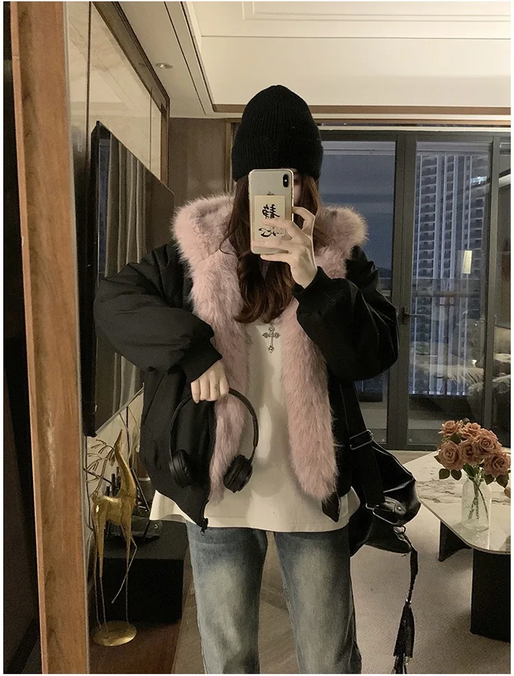 Double Sided Winter Coat Women Clothing Imitation Mink Fur Hooded Cotton Jacket Female Warm Cotton-Padded Clothes Outerwear