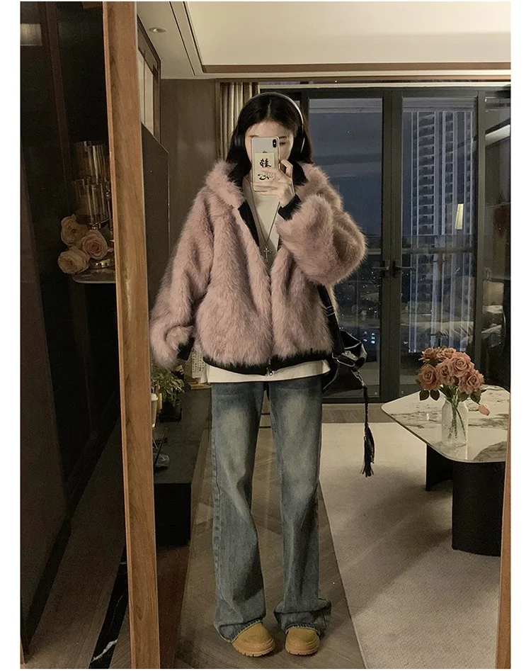 Double Sided Winter Coat Women Clothing Imitation Mink Fur Hooded Cotton Jacket Female Warm Cotton-Padded Clothes Outerwear