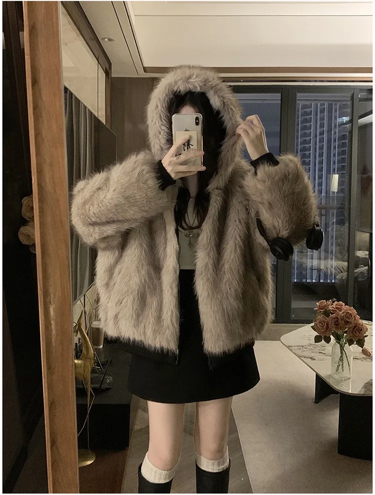 Double Sided Winter Coat Women Clothing Imitation Mink Fur Hooded Cotton Jacket Female Warm Cotton-Padded Clothes Outerwear