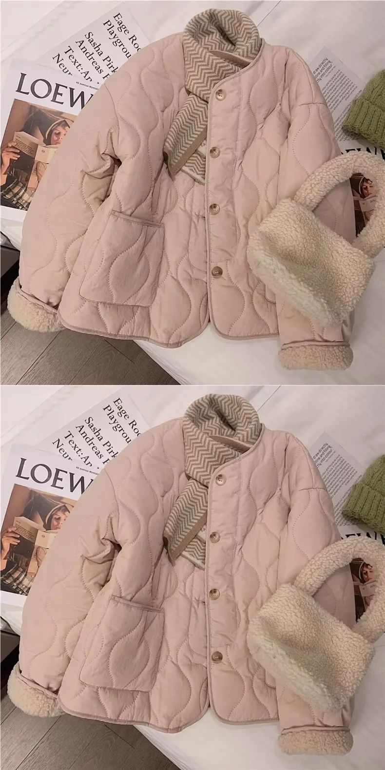 Pink Lamb Velvet Cotton Coat Women's Thiened Round Neck Korean Sle Winter New Arrival Cotton Coat Loose Fit Long Sleeve