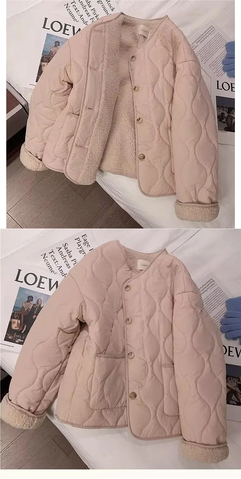 Pink Lamb Velvet Cotton Coat Women's Thiened Round Neck Korean Sle Winter New Arrival Cotton Coat Loose Fit Long Sleeve