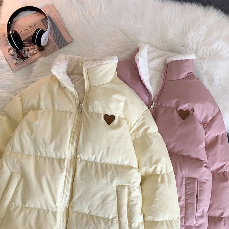 Cute Embroidery Parkas Coat Women Winter Korean Fashion Thick Loose Warm Jacket Double Sided Design Pink Student Clothes