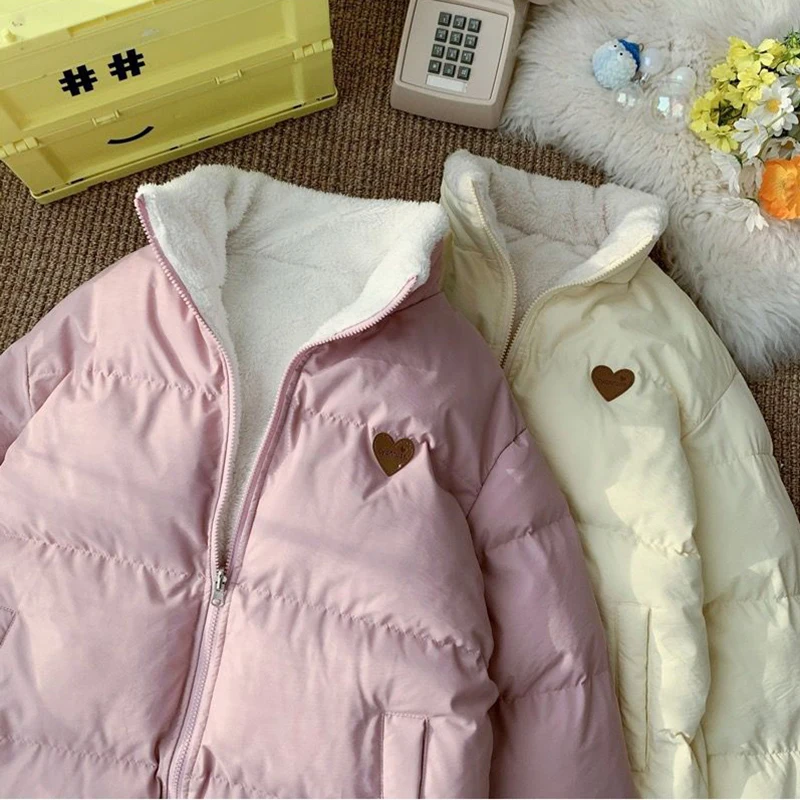 Cute Embroidery Parkas Coat Women Winter Korean Fashion Thick Loose Warm Jacket Double Sided Design Pink Student Clothes