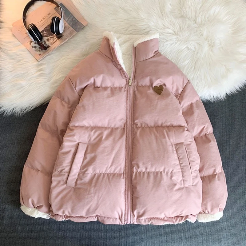 Cute Embroidery Parkas Coat Women Winter Korean Fashion Thick Loose Warm Jacket Double Sided Design Pink Student Clothes