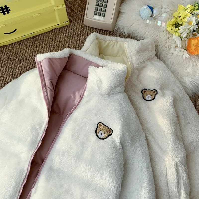 Cute Embroidery Parkas Coat Women Winter Korean Fashion Thick Loose Warm Jacket Double Sided Design Pink Student Clothes