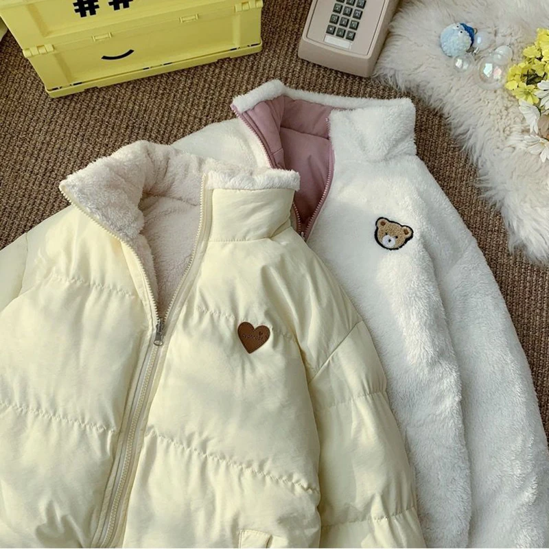 Cute Embroidery Parkas Coat Women Winter Korean Fashion Thick Loose Warm Jacket Double Sided Design Pink Student Clothes