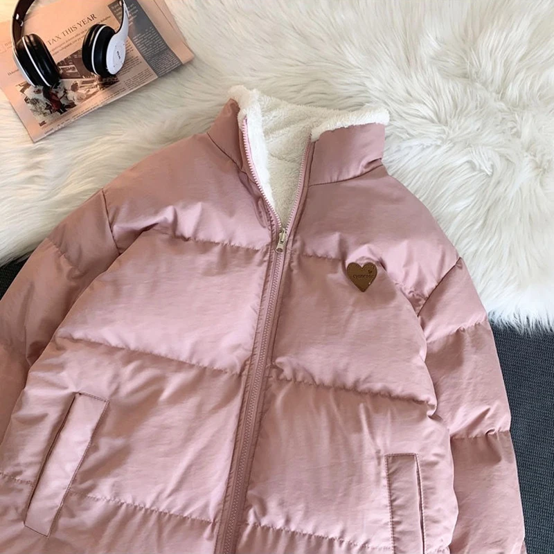 Cute Embroidery Parkas Coat Women Winter Korean Fashion Thick Loose Warm Jacket Double Sided Design Pink Student Clothes