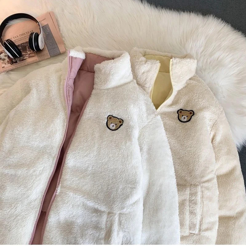 Cute Embroidery Parkas Coat Women Winter Korean Fashion Thick Loose Warm Jacket Double Sided Design Pink Student Clothes