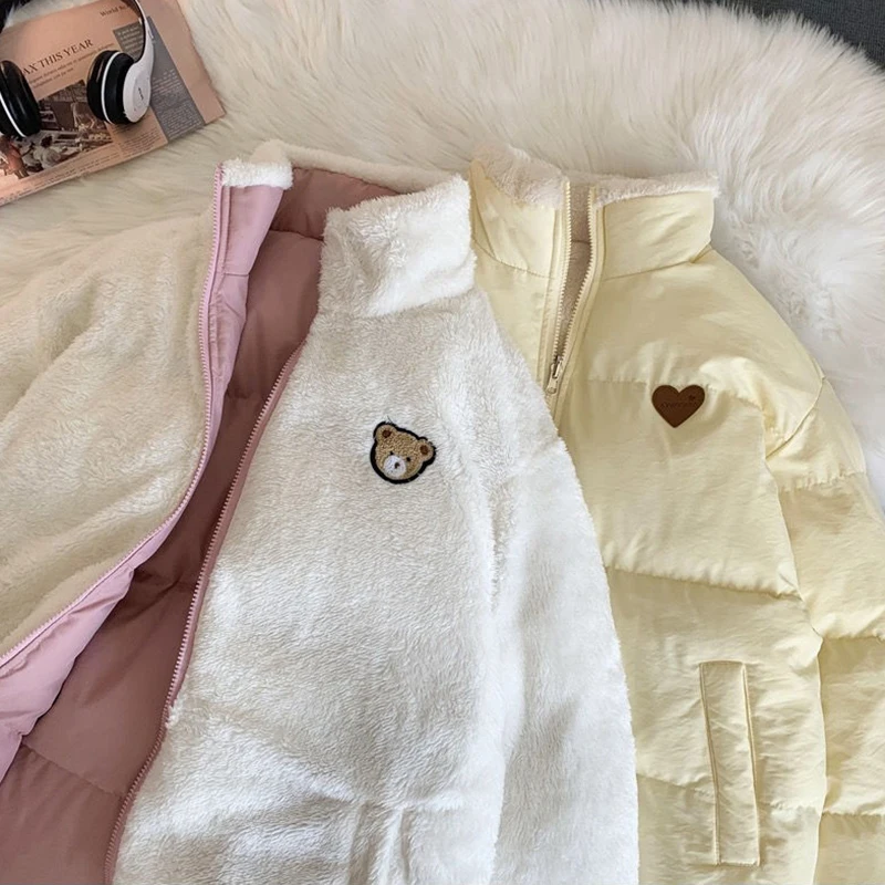 Cute Embroidery Parkas Coat Women Winter Korean Fashion Thick Loose Warm Jacket Double Sided Design Pink Student Clothes