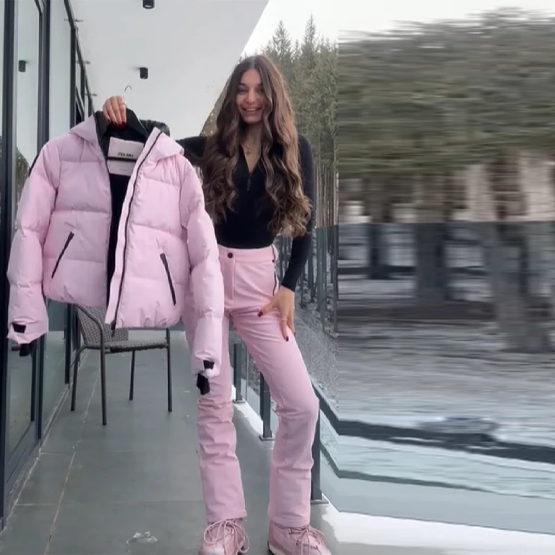 Thicken Warm Women's Skiwear Pink High Collar Hooded Cotton Padded Coat Straight Leg Zipper Pant 2025 New Winter Lady Ski Suit