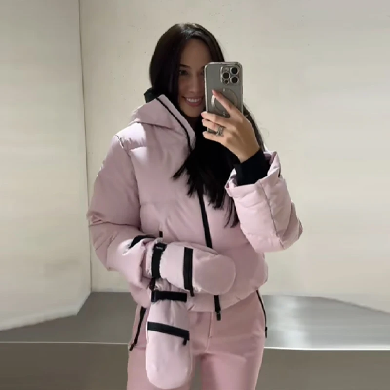 Thicken Warm Women's Skiwear Pink High Collar Hooded Cotton Padded Coat Straight Leg Zipper Pant 2025 New Winter Lady Ski Suit
