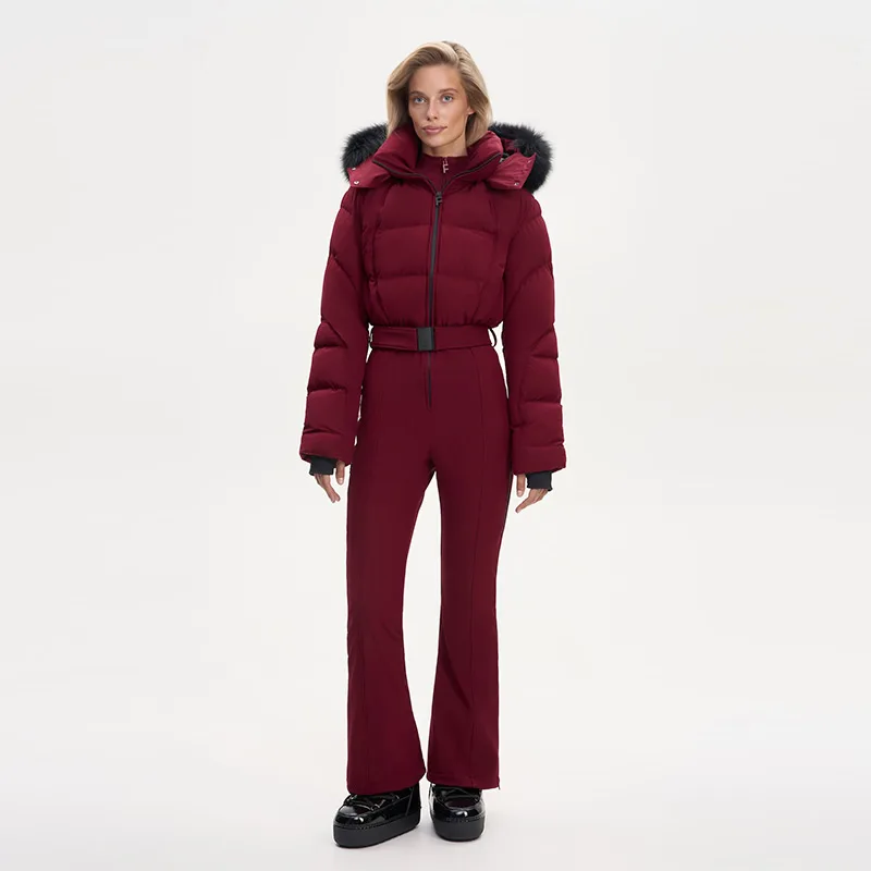 Thicken Warm Women's Skiwear Pink High Collar Hooded Cotton Padded Coat Straight Leg Zipper Pant 2025 New Winter Lady Ski Suit