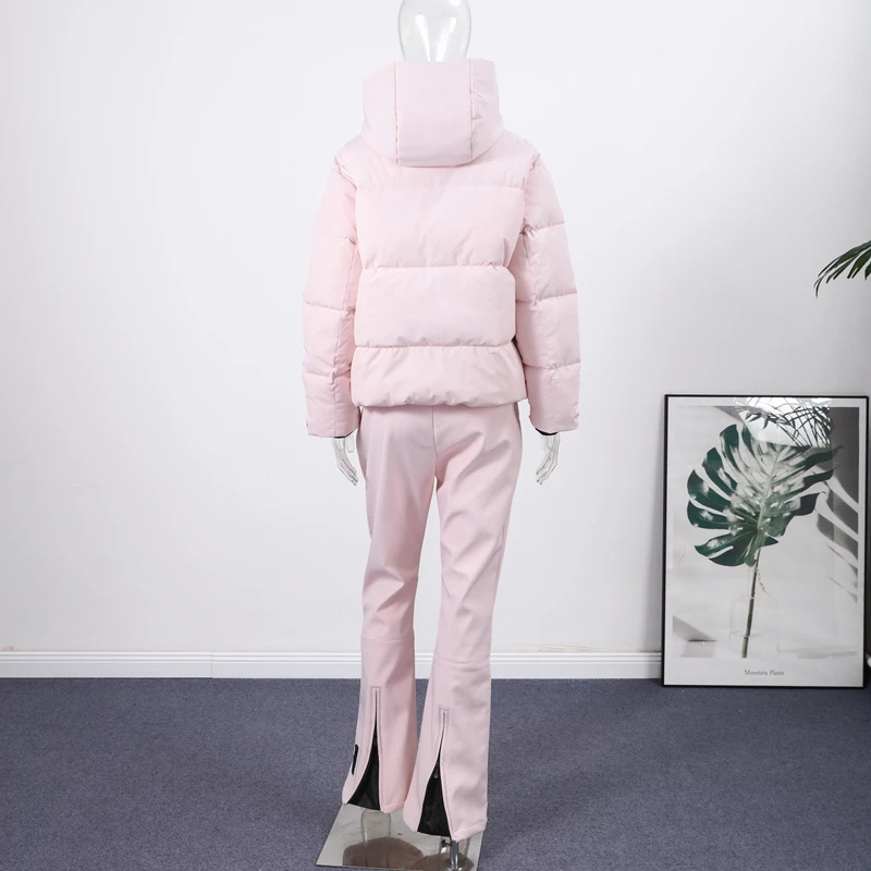 Thicken Warm Women's Skiwear Pink High Collar Hooded Cotton Padded Coat Straight Leg Zipper Pant 2025 New Winter Lady Ski Suit