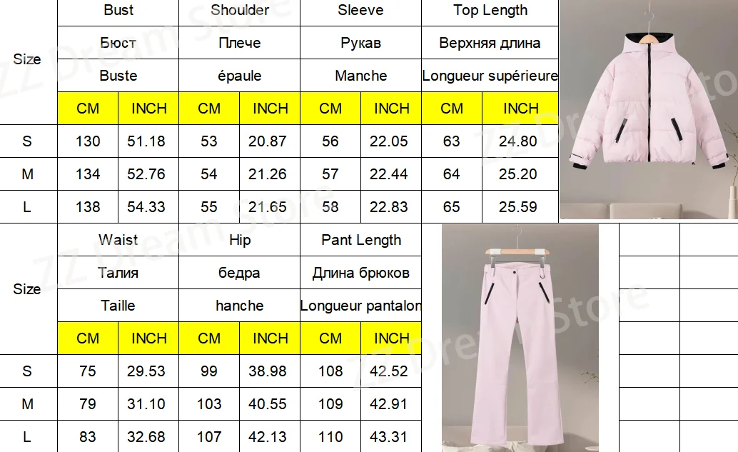 Thicken Warm Women's Skiwear Pink High Collar Hooded Cotton Padded Coat Straight Leg Zipper Pant 2025 New Winter Lady Ski Suit
