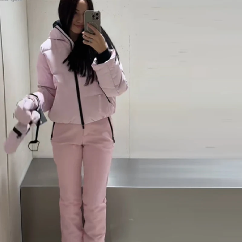 Thicken Warm Women's Skiwear Pink High Collar Hooded Cotton Padded Coat Straight Leg Zipper Pant 2025 New Winter Lady Ski Suit