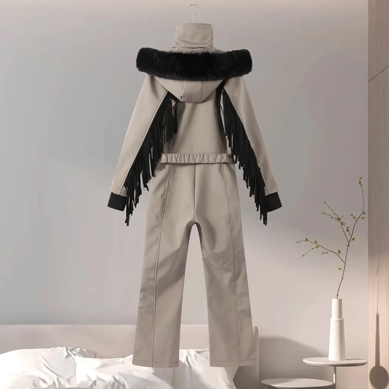 Thicken Warm Women's Skiwear Pink High Collar Hooded Cotton Padded Coat Straight Leg Zipper Pant 2025 New Winter Lady Ski Suit