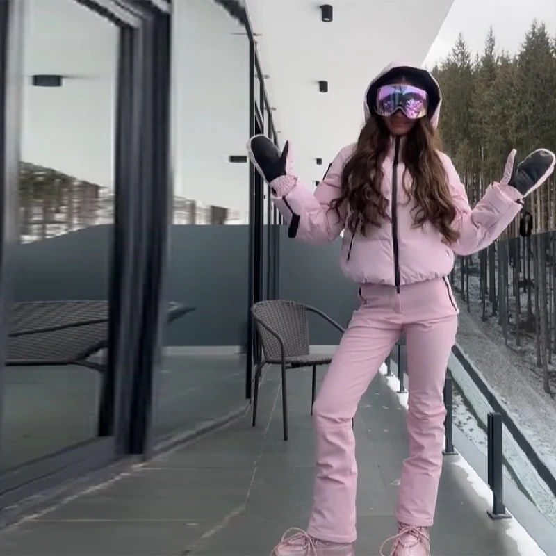 Thicken Warm Women's Skiwear Pink High Collar Hooded Cotton Padded Coat Straight Leg Zipper Pant 2025 New Winter Lady Ski Suit