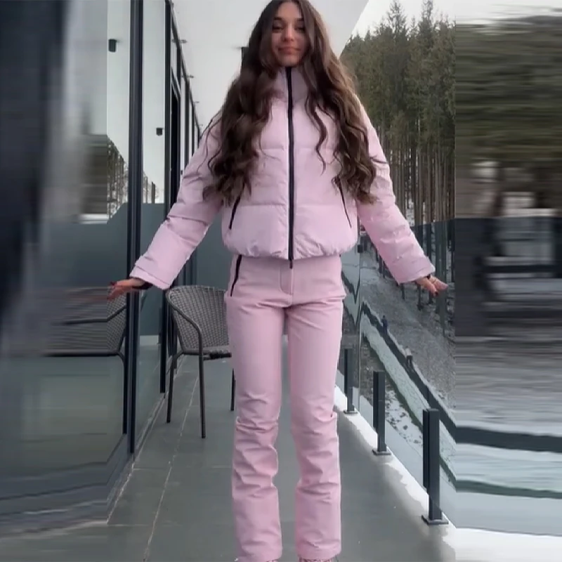 Thicken Warm Women's Skiwear Pink High Collar Hooded Cotton Padded Coat Straight Leg Zipper Pant 2025 New Winter Lady Ski Suit