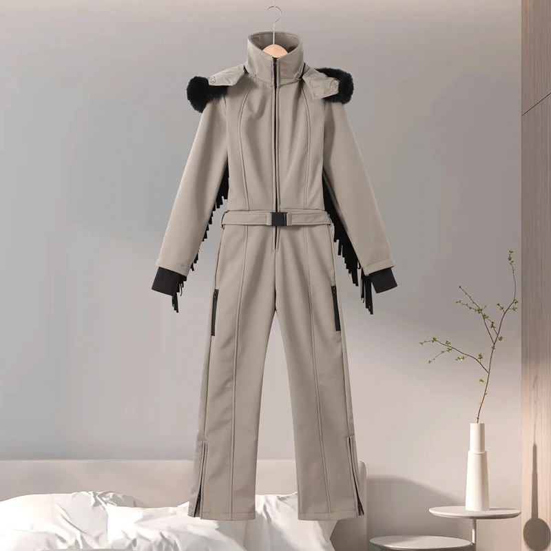 Thicken Warm Women's Skiwear Pink High Collar Hooded Cotton Padded Coat Straight Leg Zipper Pant 2025 New Winter Lady Ski Suit