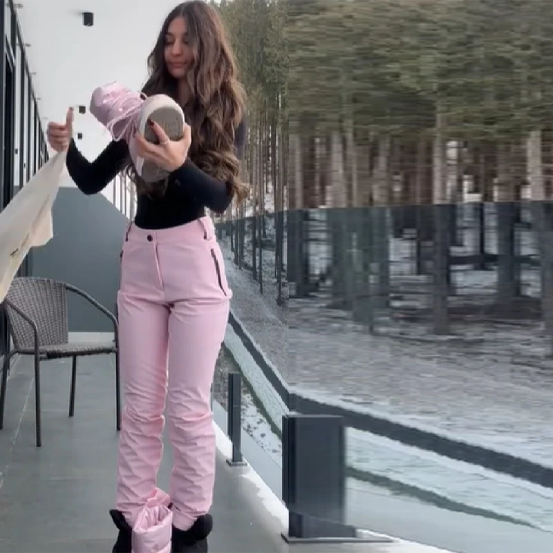 Thicken Warm Women's Skiwear Pink High Collar Hooded Cotton Padded Coat Straight Leg Zipper Pant 2025 New Winter Lady Ski Suit