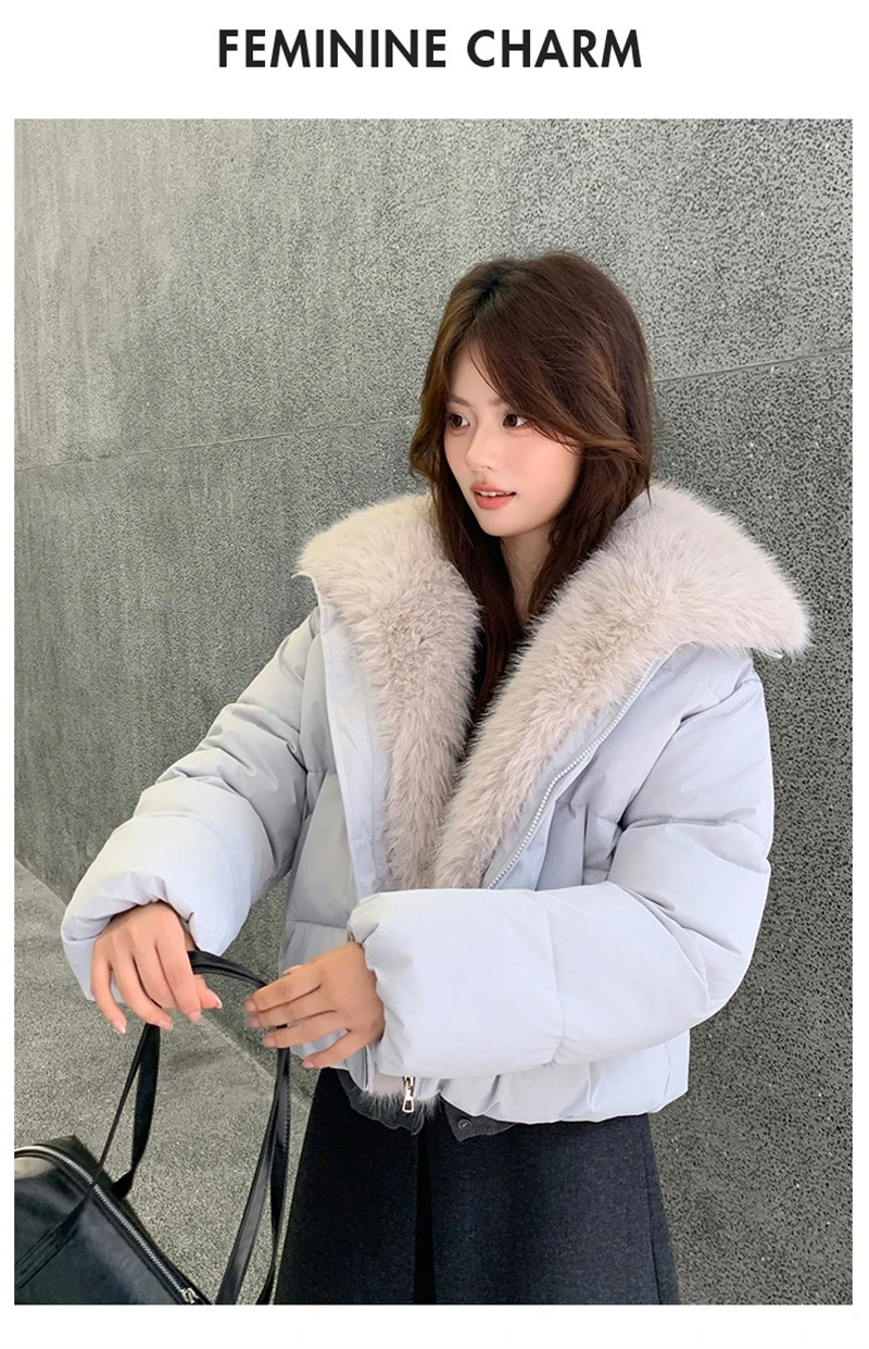 Cropped Puffer Jacket Women Big Faux Fur Collar Fur Lined Zipper Closure Boxy Silhouette Trendy Short Winter Outerwear