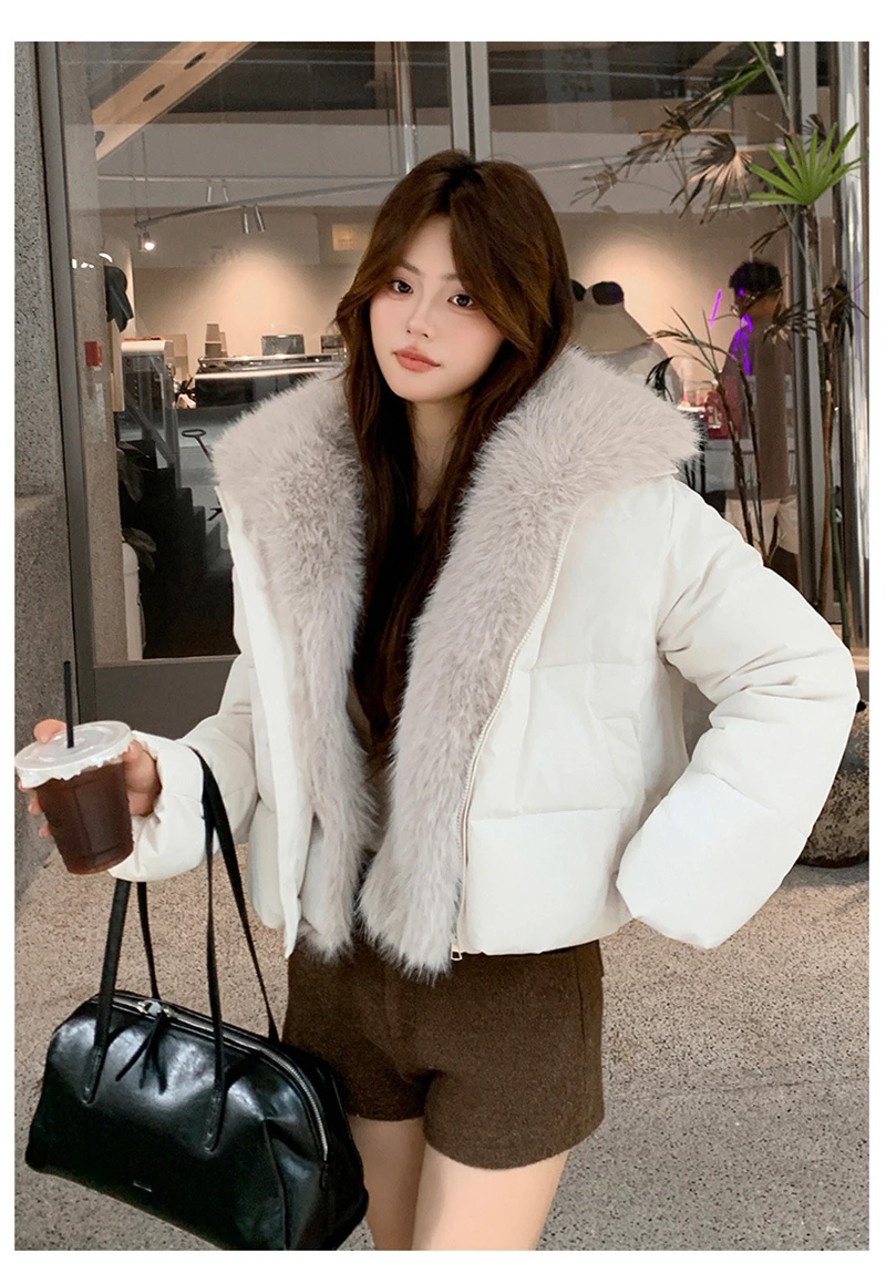 Cropped Puffer Jacket Women Big Faux Fur Collar Fur Lined Zipper Closure Boxy Silhouette Trendy Short Winter Outerwear