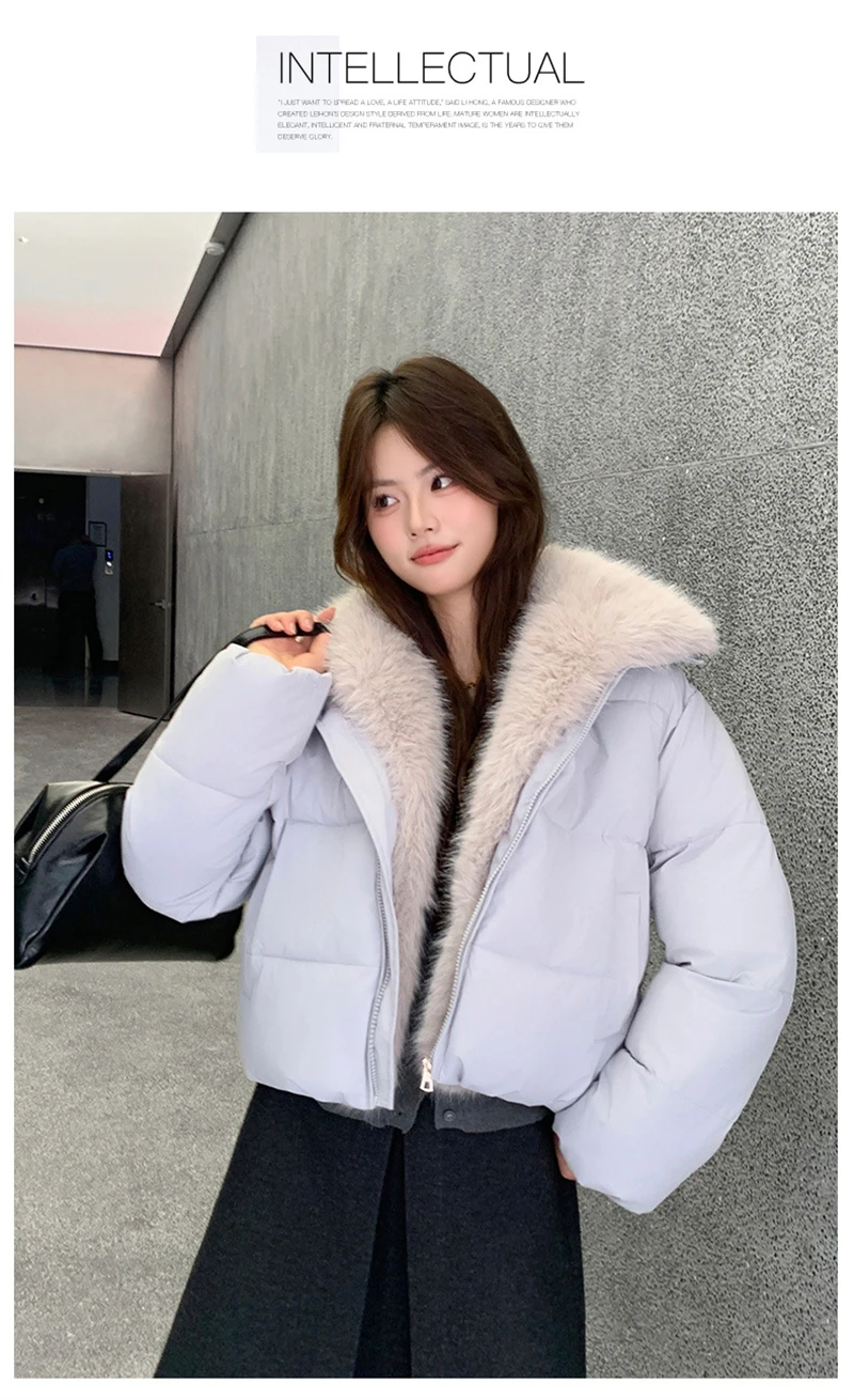 Cropped Puffer Jacket Women Big Faux Fur Collar Fur Lined Zipper Closure Boxy Silhouette Trendy Short Winter Outerwear