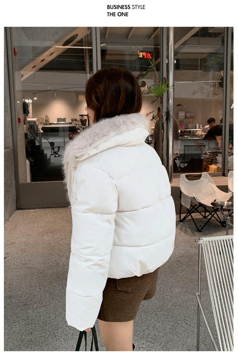 Cropped Puffer Jacket Women Big Faux Fur Collar Fur Lined Zipper Closure Boxy Silhouette Trendy Short Winter Outerwear