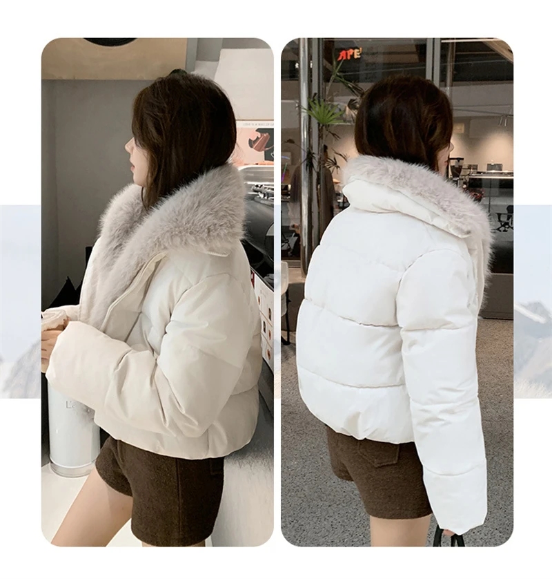 Cropped Puffer Jacket Women Big Faux Fur Collar Fur Lined Zipper Closure Boxy Silhouette Trendy Short Winter Outerwear