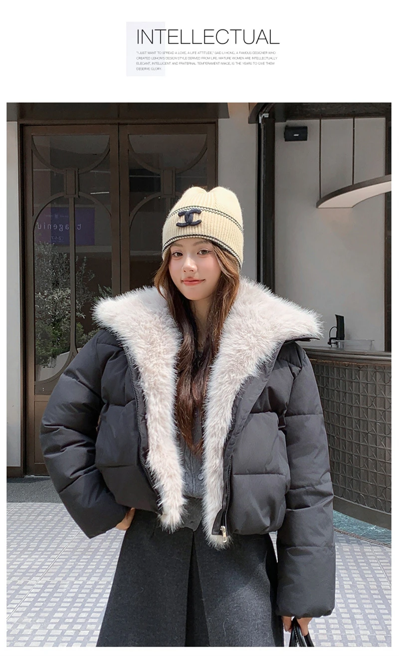 Cropped Puffer Jacket Women Big Faux Fur Collar Fur Lined Zipper Closure Boxy Silhouette Trendy Short Winter Outerwear
