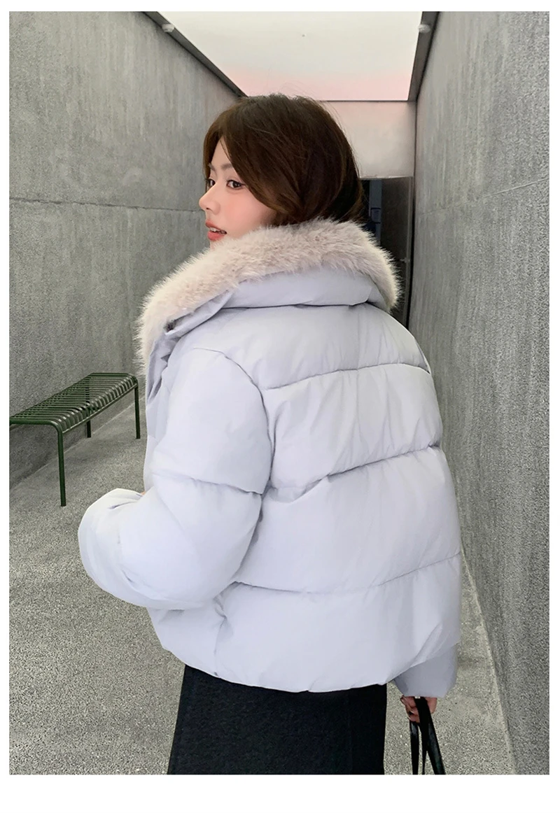 Cropped Puffer Jacket Women Big Faux Fur Collar Fur Lined Zipper Closure Boxy Silhouette Trendy Short Winter Outerwear