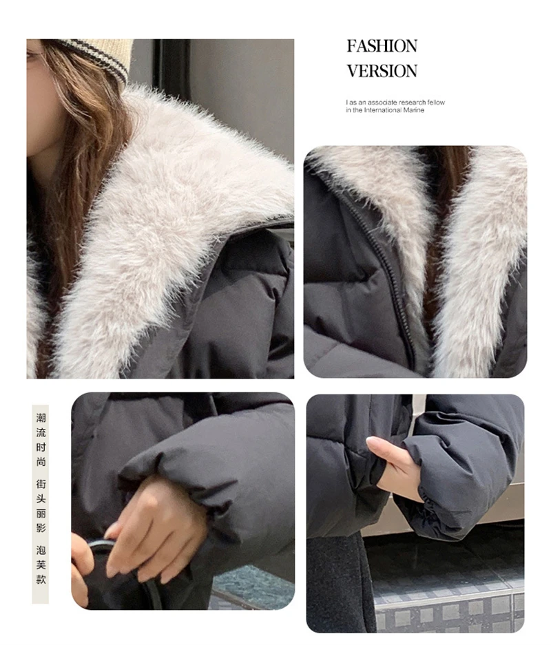 Cropped Puffer Jacket Women Big Faux Fur Collar Fur Lined Zipper Closure Boxy Silhouette Trendy Short Winter Outerwear