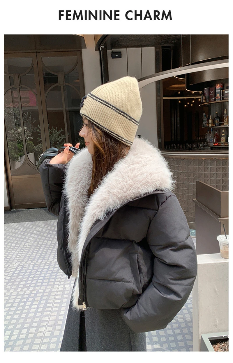 Cropped Puffer Jacket Women Big Faux Fur Collar Fur Lined Zipper Closure Boxy Silhouette Trendy Short Winter Outerwear