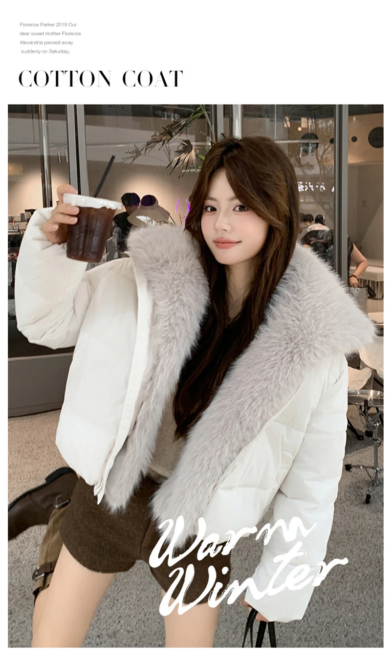 Cropped Puffer Jacket Women Big Faux Fur Collar Fur Lined Zipper Closure Boxy Silhouette Trendy Short Winter Outerwear