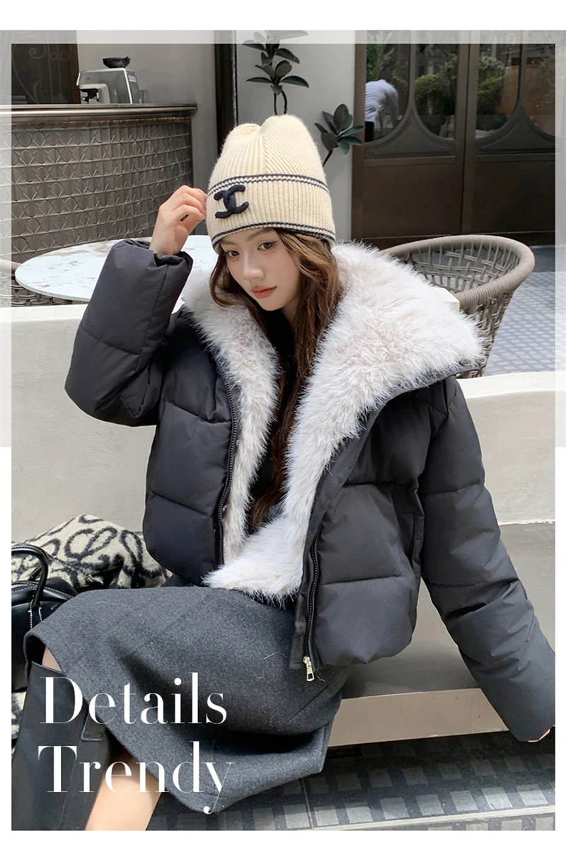 Cropped Puffer Jacket Women Big Faux Fur Collar Fur Lined Zipper Closure Boxy Silhouette Trendy Short Winter Outerwear