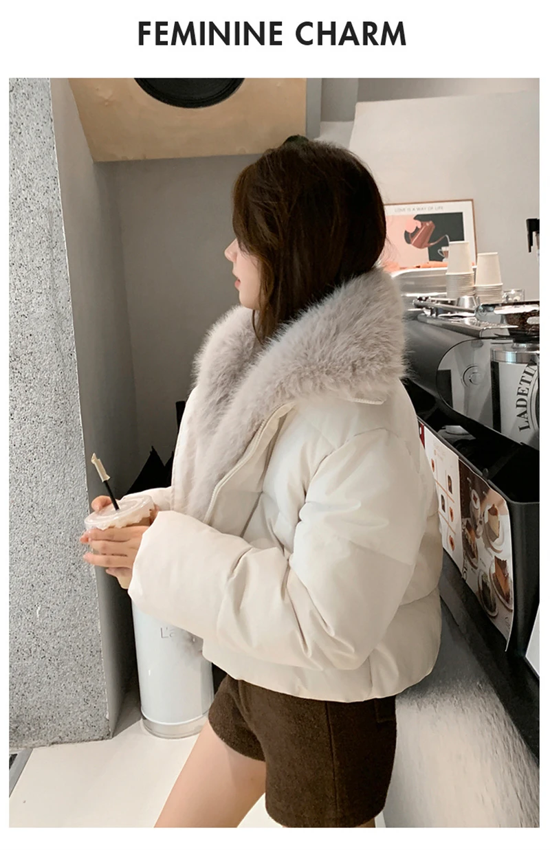 Cropped Puffer Jacket Women Big Faux Fur Collar Fur Lined Zipper Closure Boxy Silhouette Trendy Short Winter Outerwear