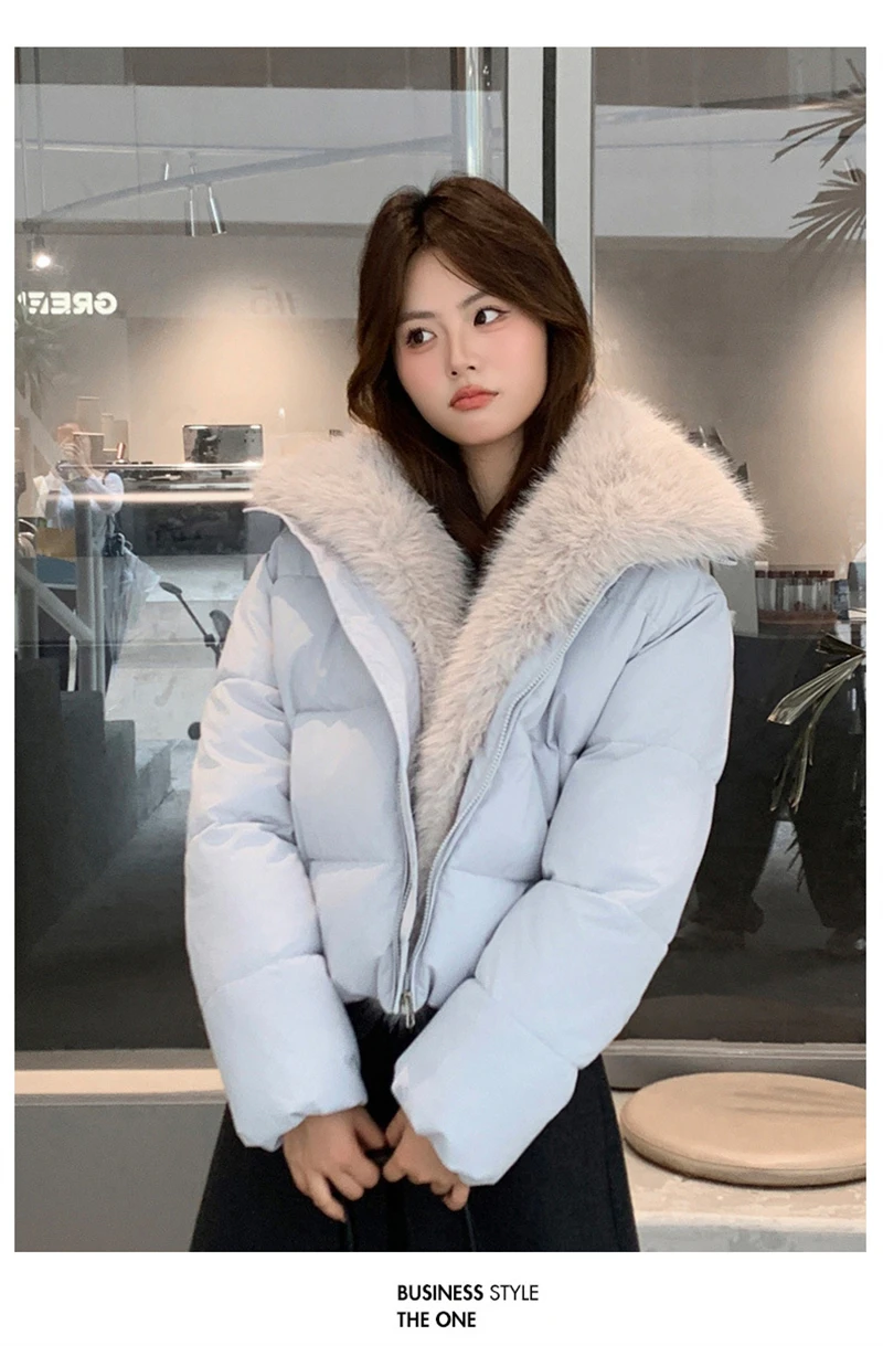 Cropped Puffer Jacket Women Big Faux Fur Collar Fur Lined Zipper Closure Boxy Silhouette Trendy Short Winter Outerwear