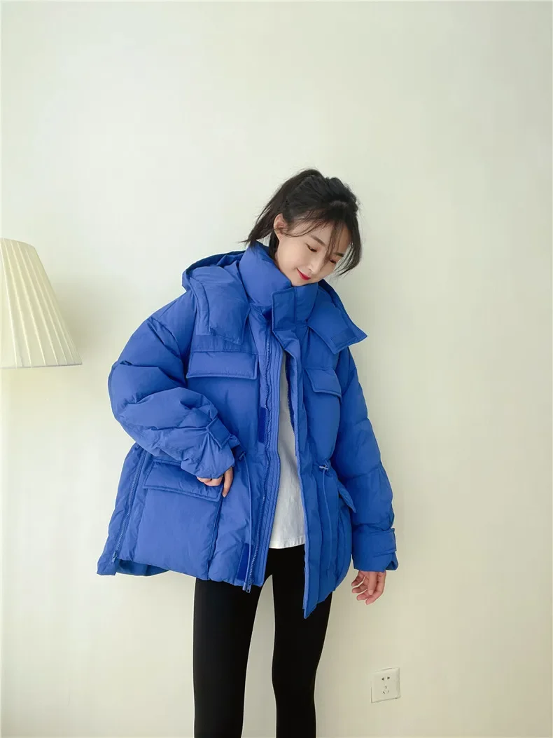 Winter Hooded Parkas Warm Jacket Women Down Cotton Coat Irregular Fluffy Bubble Drawcord Waist Outwear
