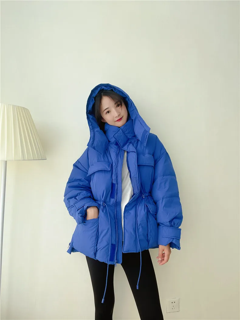 Winter Hooded Parkas Warm Jacket Women Down Cotton Coat Irregular Fluffy Bubble Drawcord Waist Outwear