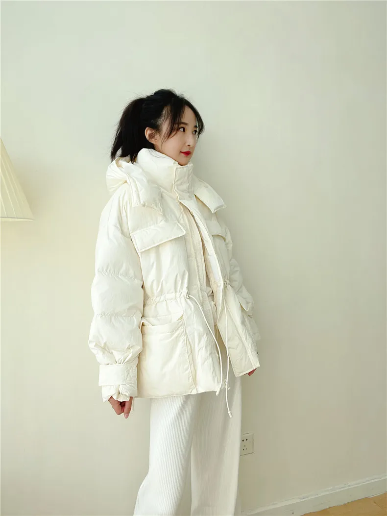 Winter Hooded Parkas Warm Jacket Women Down Cotton Coat Irregular Fluffy Bubble Drawcord Waist Outwear