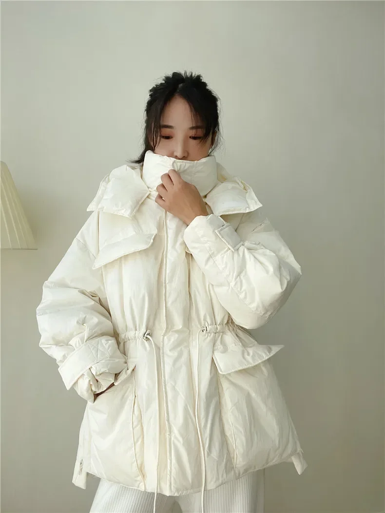 Winter Hooded Parkas Warm Jacket Women Down Cotton Coat Irregular Fluffy Bubble Drawcord Waist Outwear