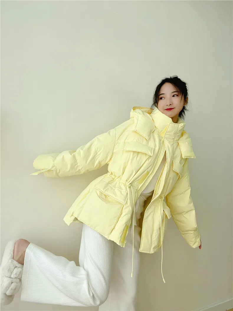 Winter Hooded Parkas Warm Jacket Women Down Cotton Coat Irregular Fluffy Bubble Drawcord Waist Outwear