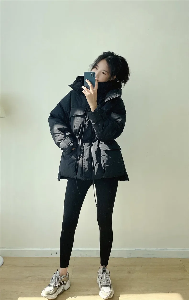 Winter Hooded Parkas Warm Jacket Women Down Cotton Coat Irregular Fluffy Bubble Drawcord Waist Outwear