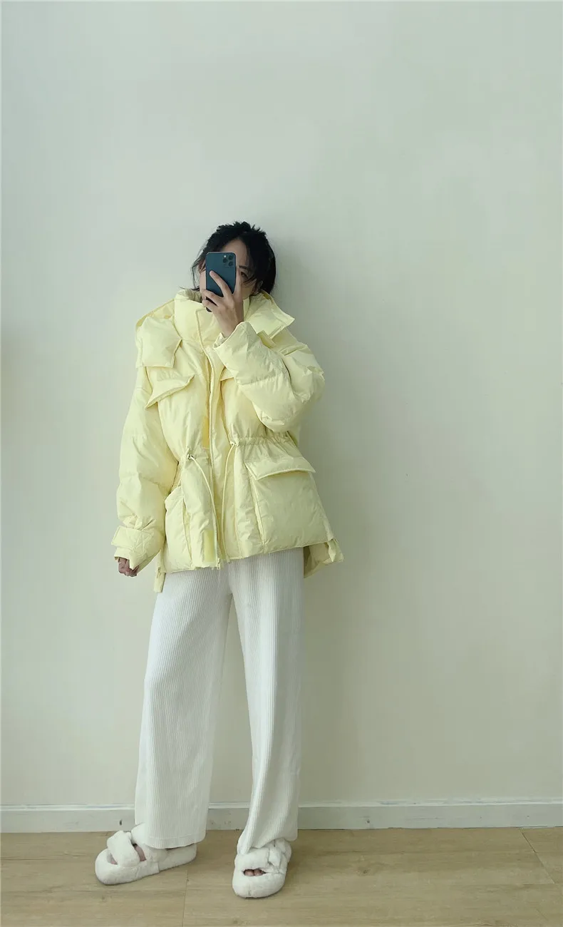 Winter Hooded Parkas Warm Jacket Women Down Cotton Coat Irregular Fluffy Bubble Drawcord Waist Outwear
