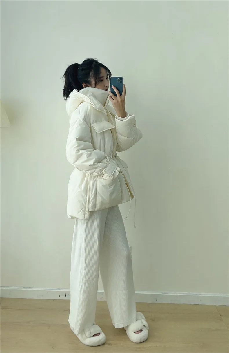 Winter Hooded Parkas Warm Jacket Women Down Cotton Coat Irregular Fluffy Bubble Drawcord Waist Outwear
