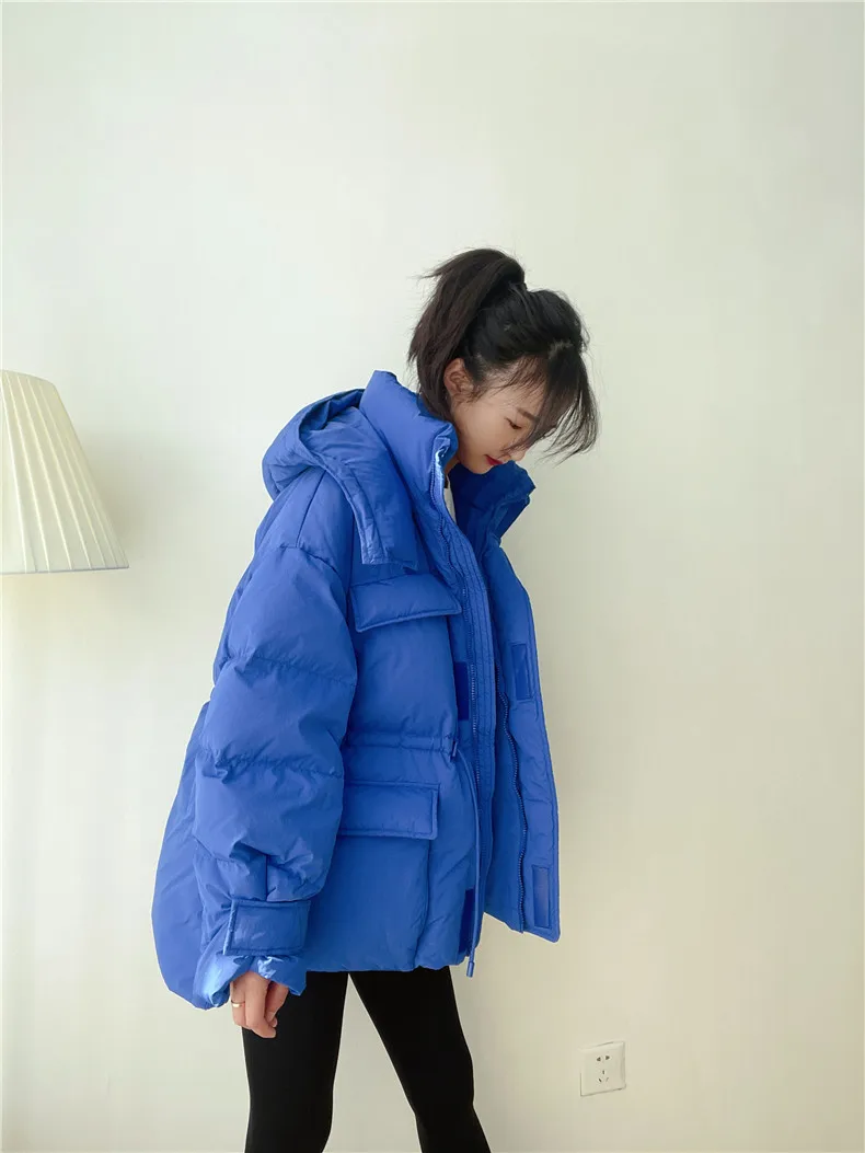 Winter Hooded Parkas Warm Jacket Women Down Cotton Coat Irregular Fluffy Bubble Drawcord Waist Outwear