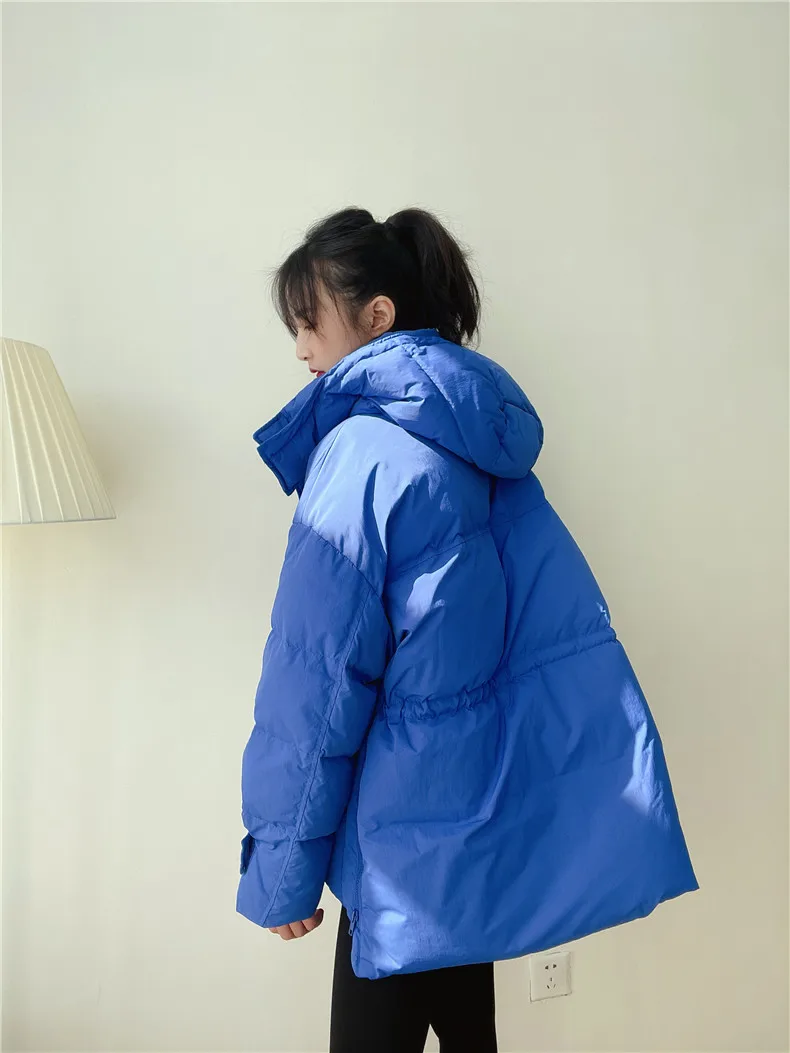 Winter Hooded Parkas Warm Jacket Women Down Cotton Coat Irregular Fluffy Bubble Drawcord Waist Outwear