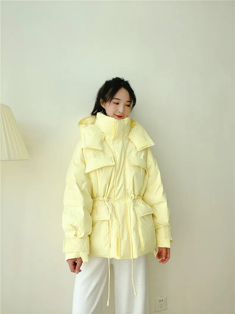 Winter Hooded Parkas Warm Jacket Women Down Cotton Coat Irregular Fluffy Bubble Drawcord Waist Outwear