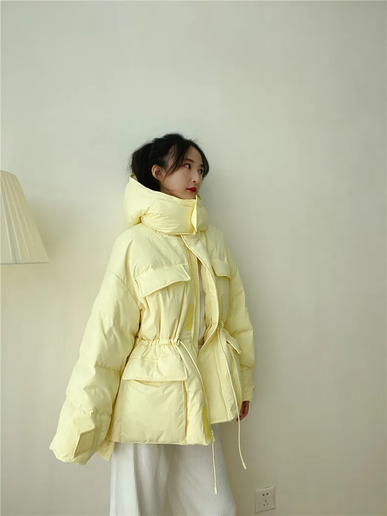 Winter Hooded Parkas Warm Jacket Women Down Cotton Coat Irregular Fluffy Bubble Drawcord Waist Outwear
