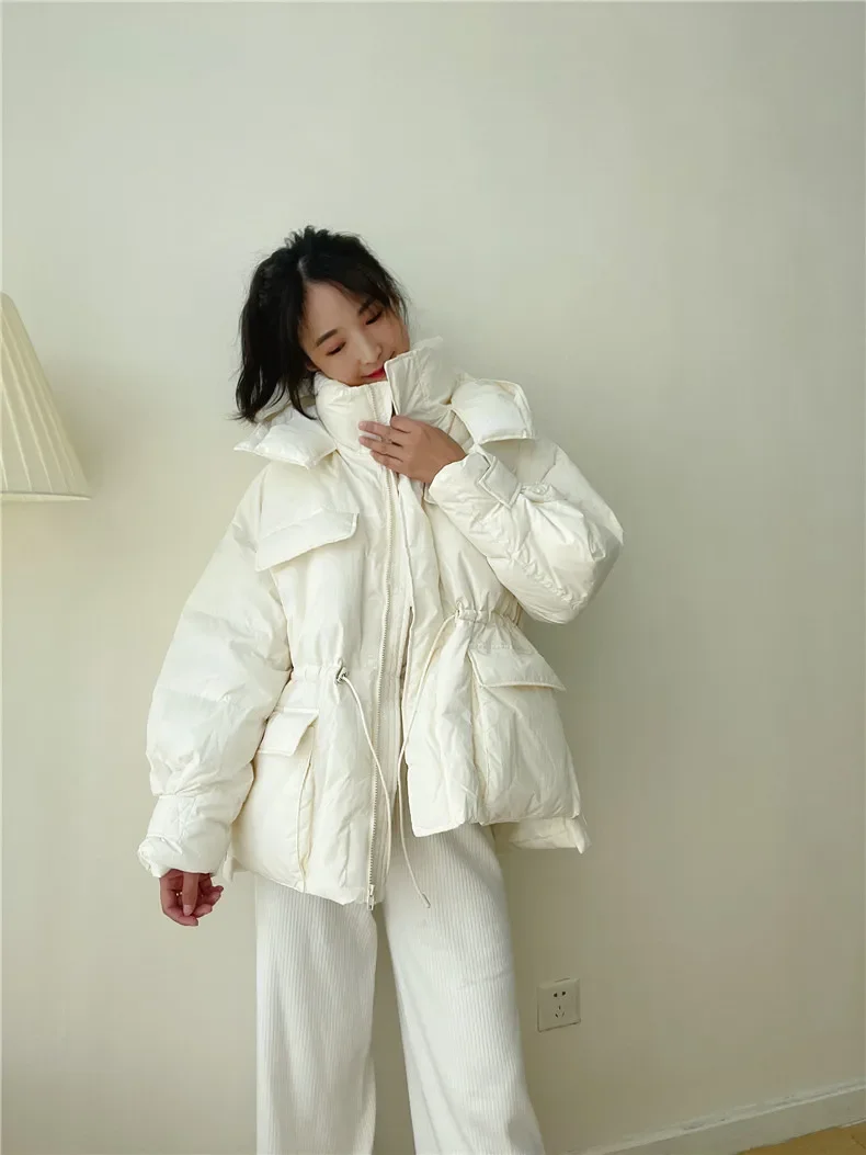 Winter Hooded Parkas Warm Jacket Women Down Cotton Coat Irregular Fluffy Bubble Drawcord Waist Outwear
